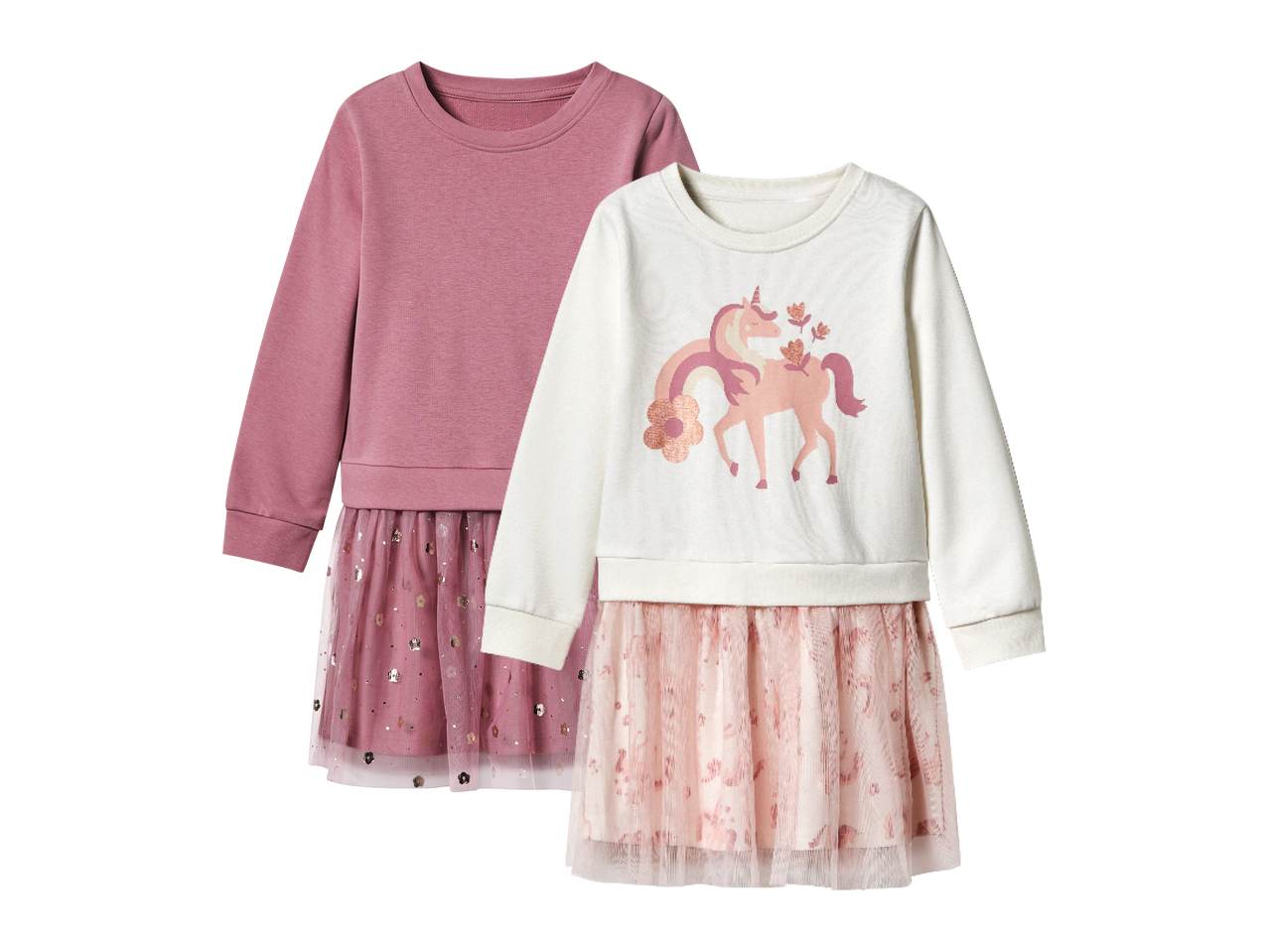 Dvije dječje haljine dugih rukava s til suknjom, jedna ružičasta sa šljokicama, druga bijela s jednorogom.