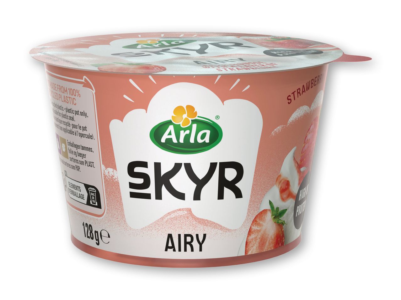 Arla Skyr Airy jordbæryoghurt i en 128g beholder.