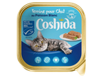 Pâtée pour chat au poisson blanc, complète et équilibrée, avec un chat tigré et des icônes de bien-être.