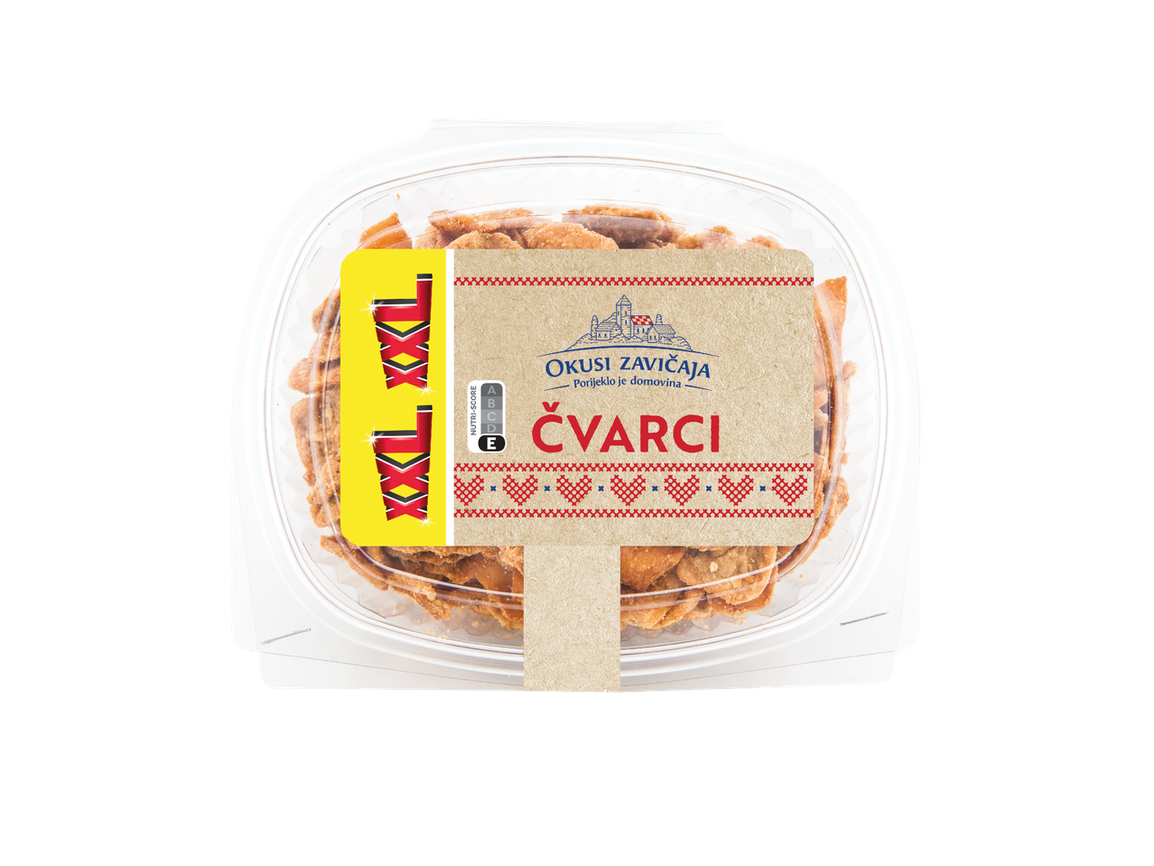Okusi Zavičaja Čvarci u prozirnoj posudi s Nutri-Score E oznakom.