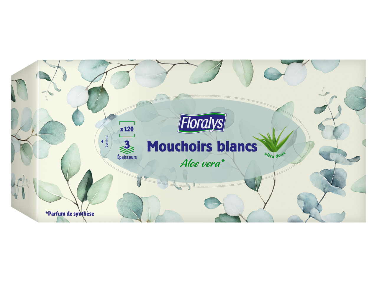 Mouchoirs Floralys à l'aloe vera, 120 unités, 3 épaisseurs, avec un motif de feuilles d'eucalyptus.