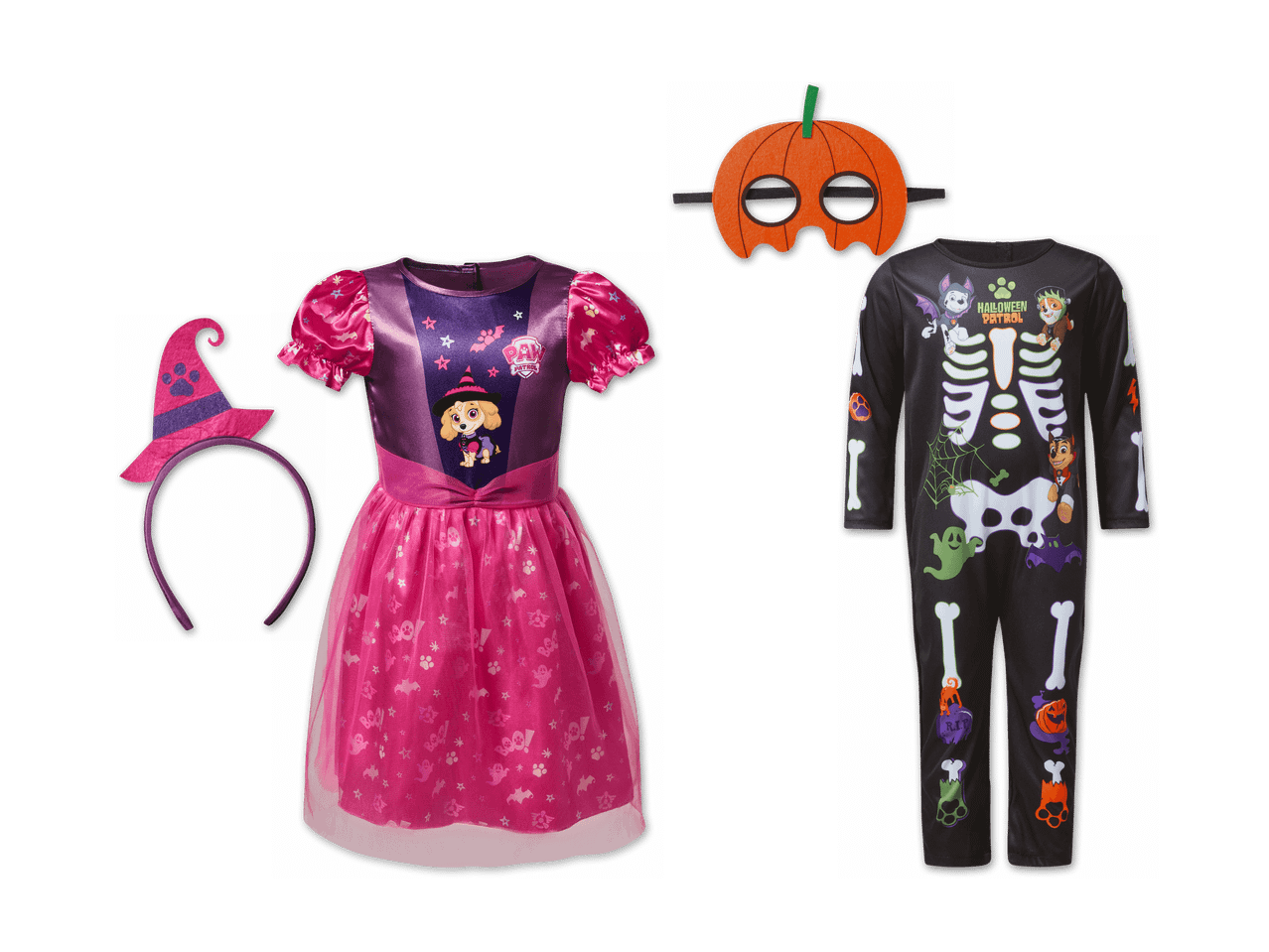Zwei Halloween-Kostüme: ein pinkes Paw Patrol Kleid und ein schwarzer Skelett-Overall.