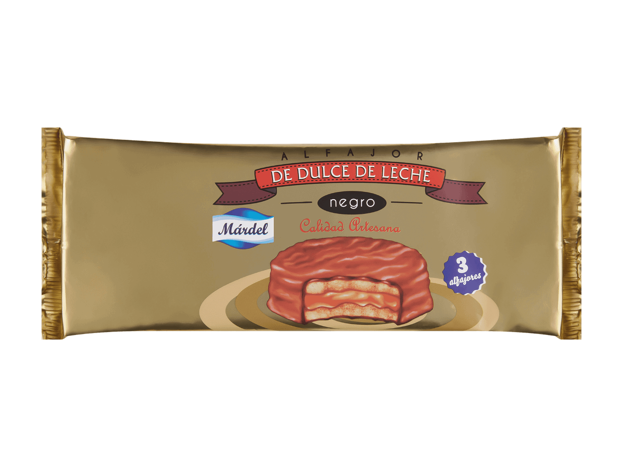 Emballage doré d'alfajores Márdel au dulce de leche, avec un alfajor coupé révélant la garniture.