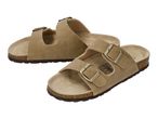 Pair of light brown suede sandals with two adjustable straps and buckles