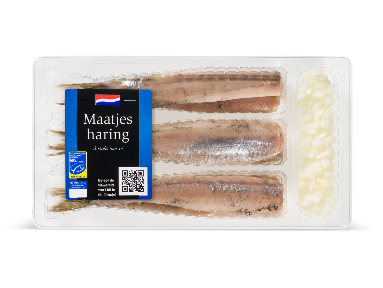 Drie Lidl maatjes haring met uitjes in een plastic schaaltje.