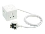 White cube-shaped power strip with three UK sockets and USB ports, connected to a UK plug.