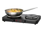 Black double hot plate with a stainless steel pan of shrimp fried rice on the left burner.