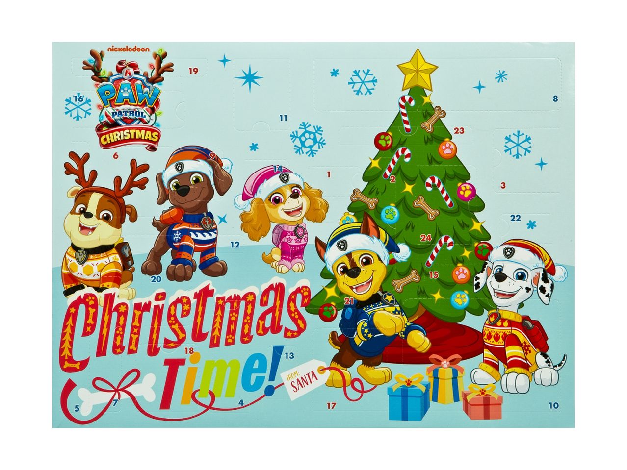 En Paw Patrol julekalender med hvalpe i juleudstyr og et juletræ.