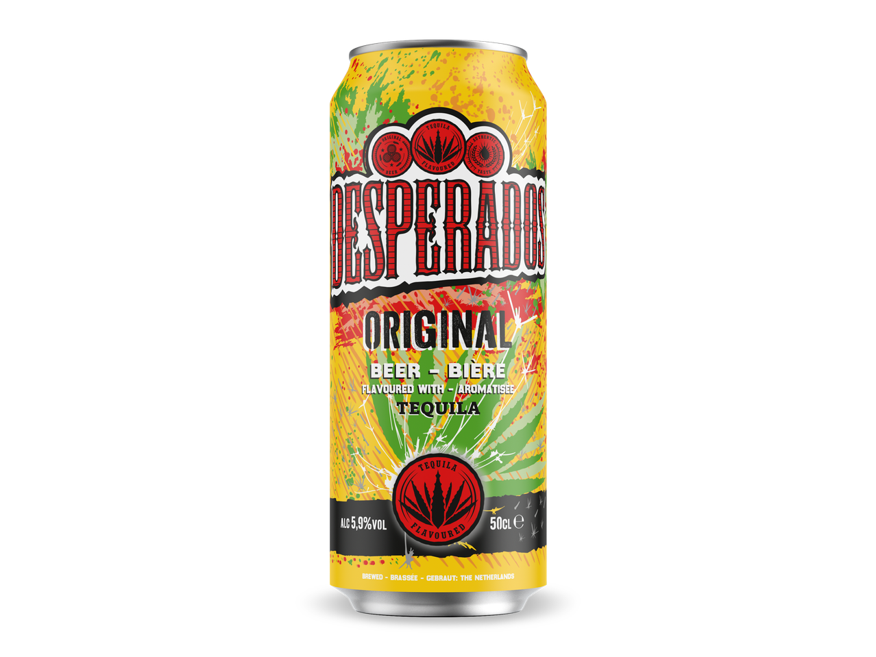 Een geel blikje bier met rode en groene spetters, met de tekst 'Original Beer Tequila Flavoured'.