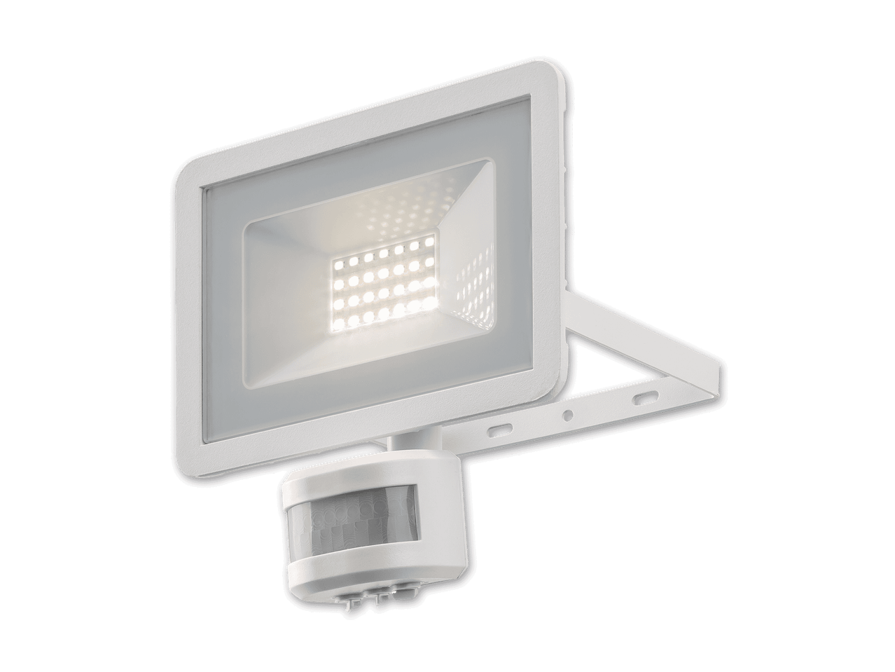 Weißer LED-Fluter mit Bewegungssensor und Halterung.