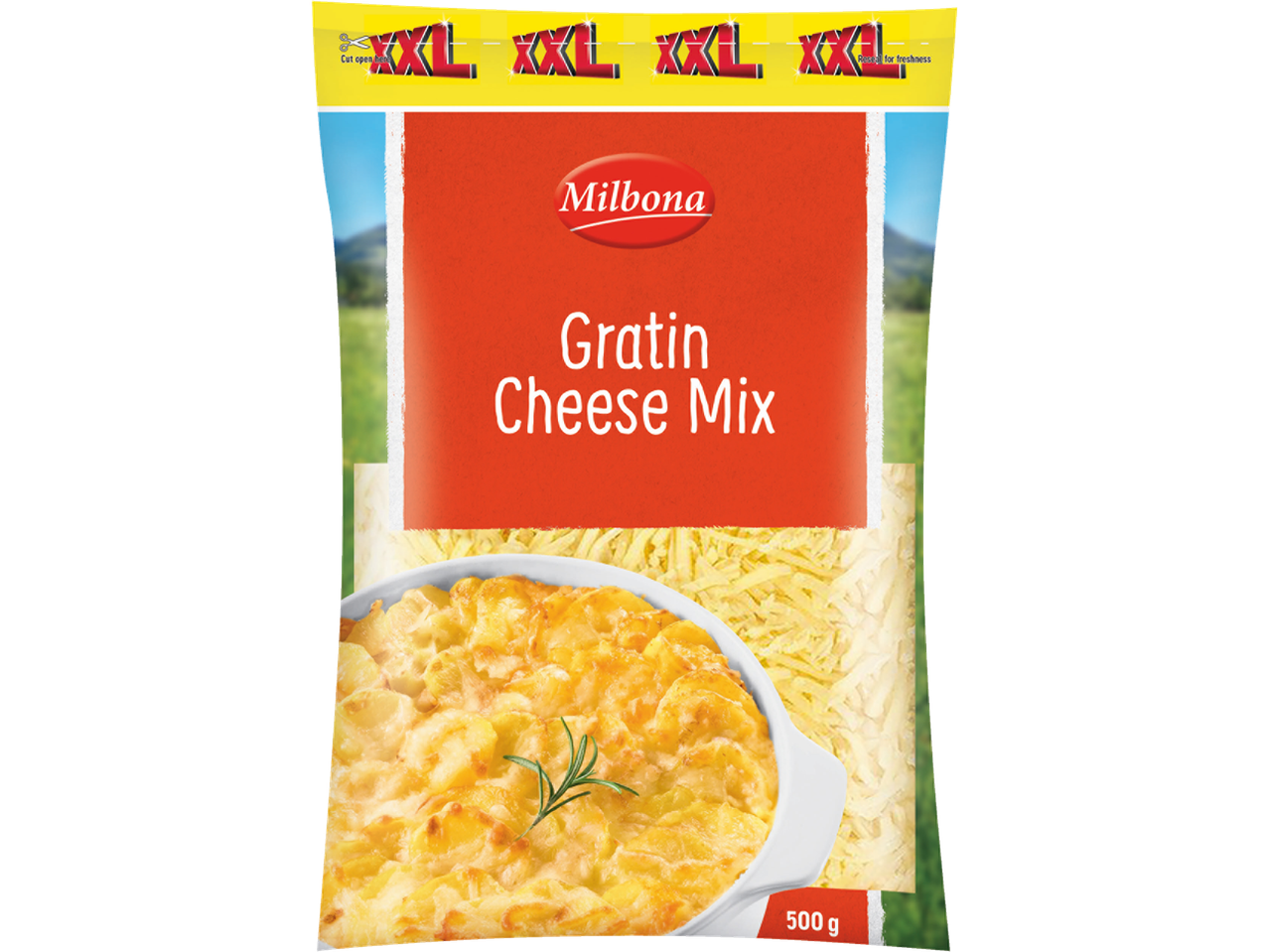 Milbona Gratin Cheese Mix XXL, com um prato gratinado e queijo ralado.