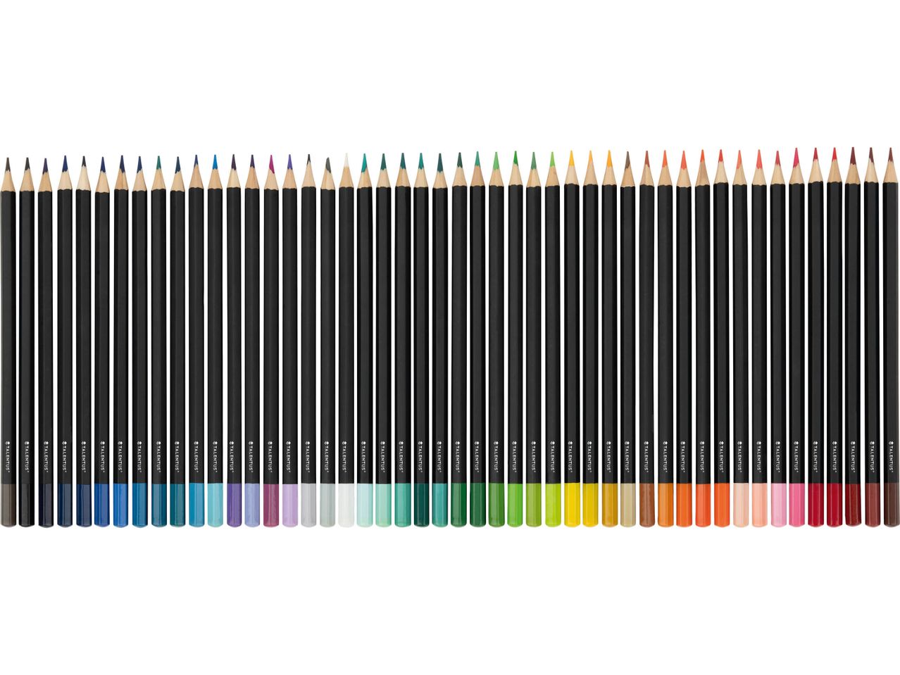 Una fila di 48 matite colorate con fusti neri e punte colorate, con il marchio 'TALENTUS'.