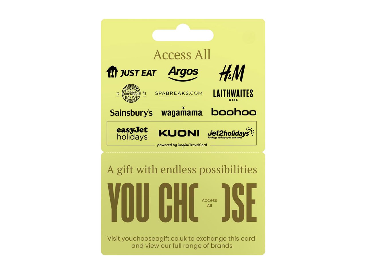 Gift card with logos for various brands like Just Eat, Argos, H&M, Sainsbury's, and easyJet holidays.