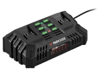 Încărcător Parkside X 20V Team cu două sloturi și afișaj de capacitate.