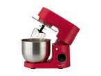 Red SilverCrest stand mixer with a stainless steel bowl and whisk attachment, tilted open.