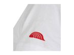 White t-shirt with a red, wave-like logo on the sleeve.