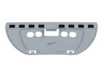 Grey plastic cover with black rectangular inserts and various cutouts.