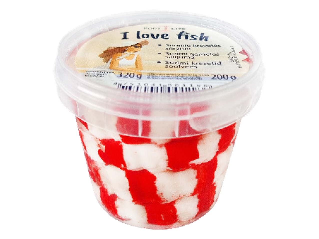 Caurspīdīgs trauks ar sarkanbaltām surimi garnelēm, uz vāka rakstīts 'I love fish' un svars 320g.