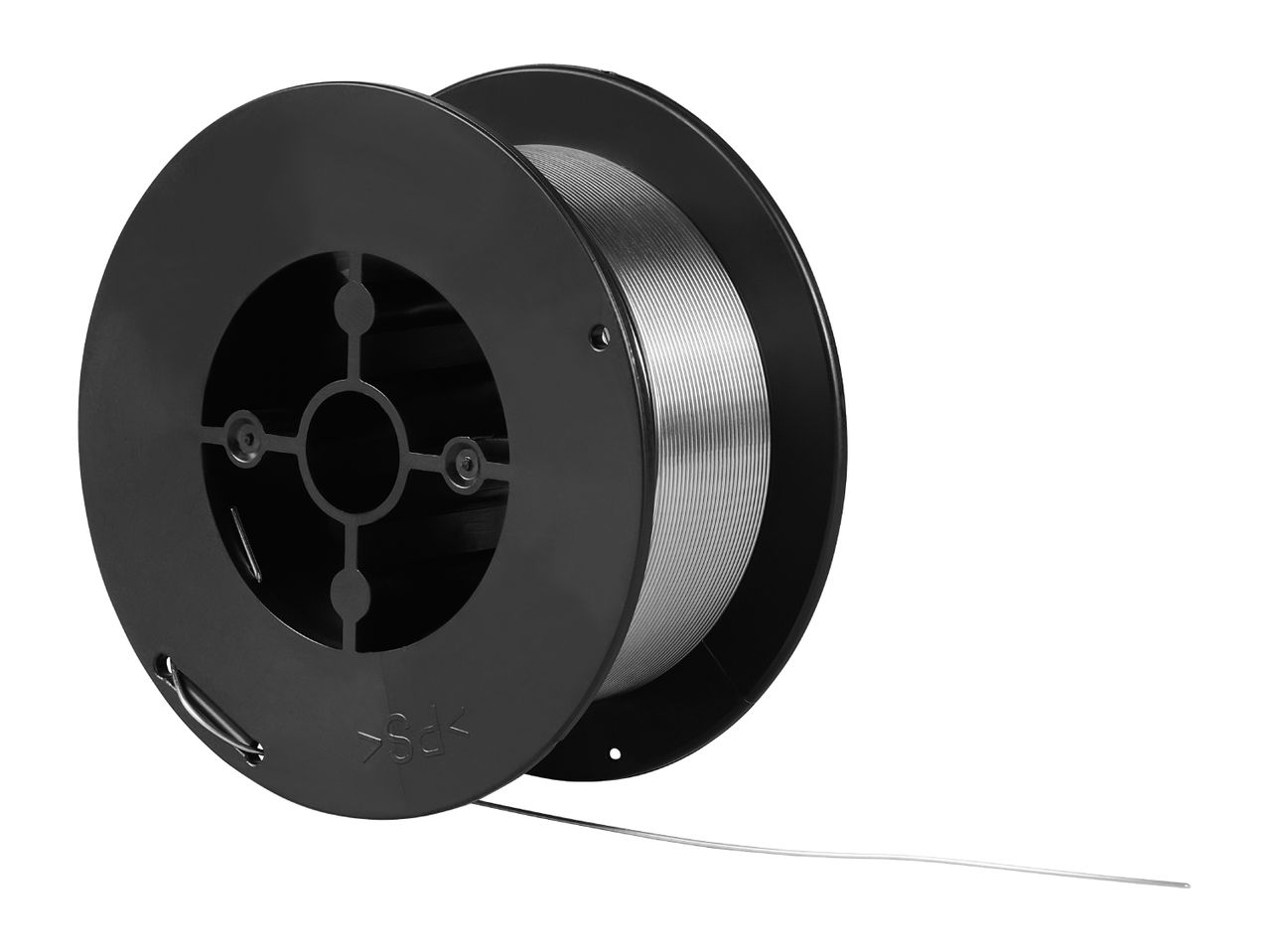 A spool of silver welding wire on a black plastic reel.