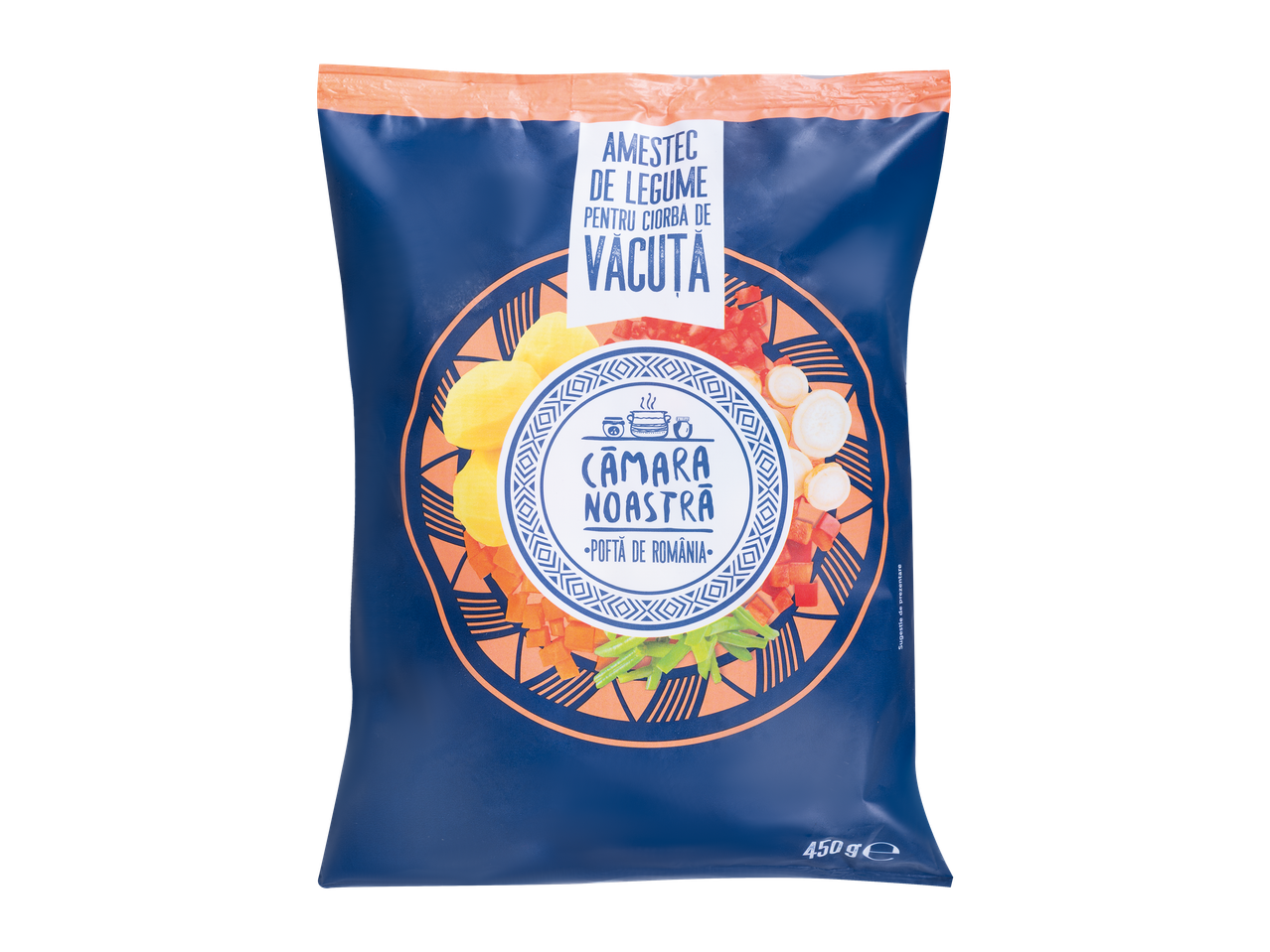 Pungă de legume congelate 'Amestec de legume pentru ciorbă de văcuță' de la Cămara Noastră, 450g.