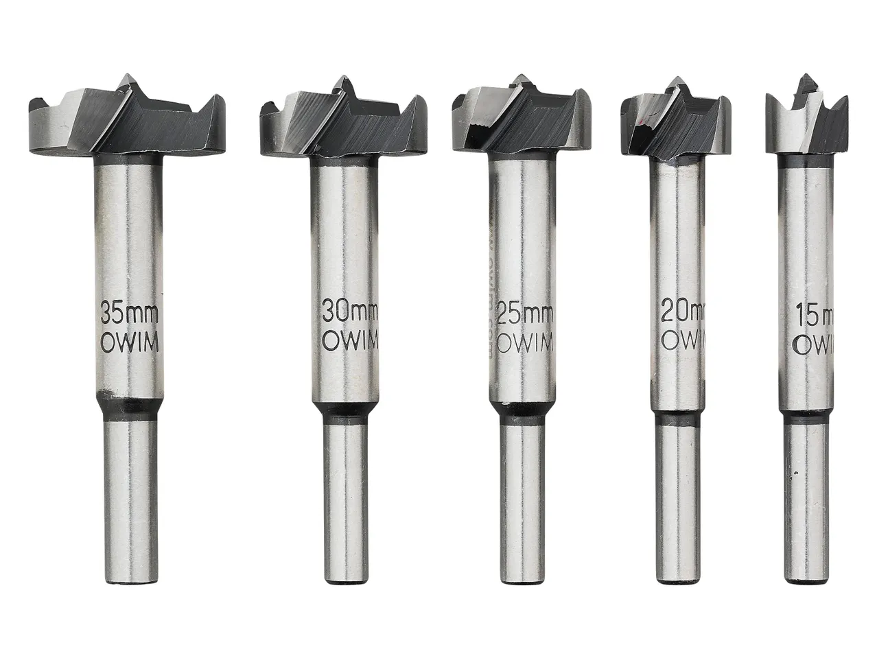 Öt fúrófej készlete, különböző méretekben: 35mm, 30mm, 25mm, 20mm és 15mm, mindegyik OWIM márkájú.