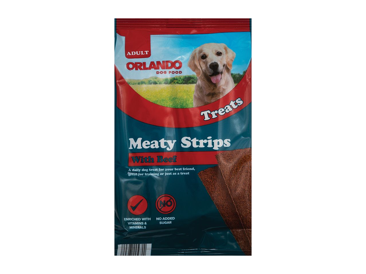 Orlando Meaty Strips dog treats with beef.