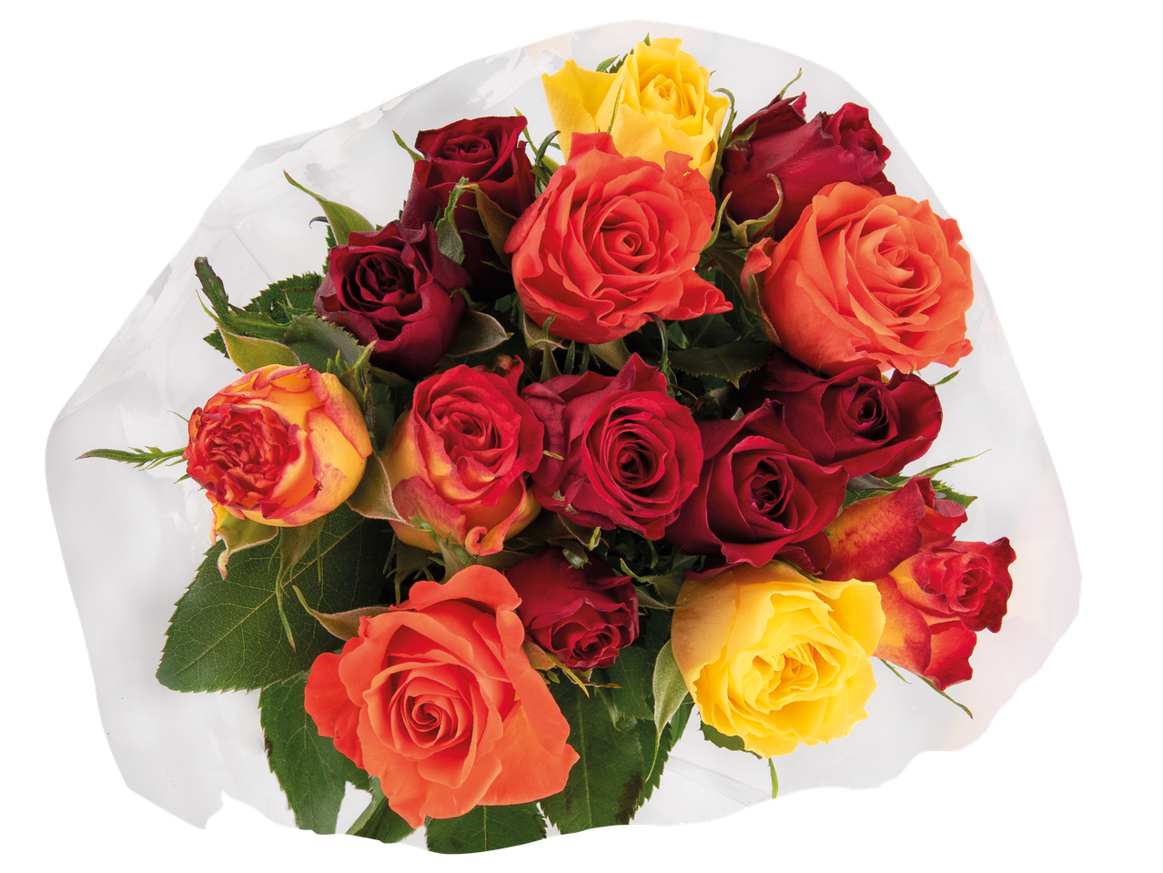 En bukett med röda, orangea och gula rosor inslagna i vitt papper.