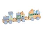 Wooden stacking train with animal-themed blocks, including a giraffe, zebra, and monkey.