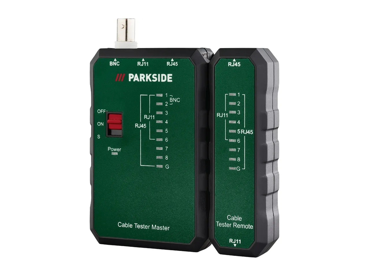 Cable tester master and remote units for RJ11, RJ45, and BNC connections.