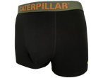 Black Caterpillar men's short boxers with an olive green waistband and orange logo.