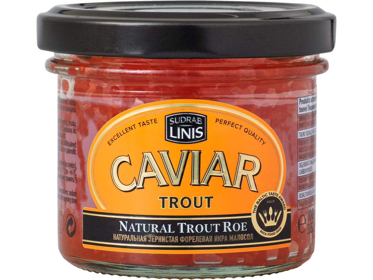 Sudrab Linis forellimarja purk oranži sildi, kuldse teksti ja musta kaanega.