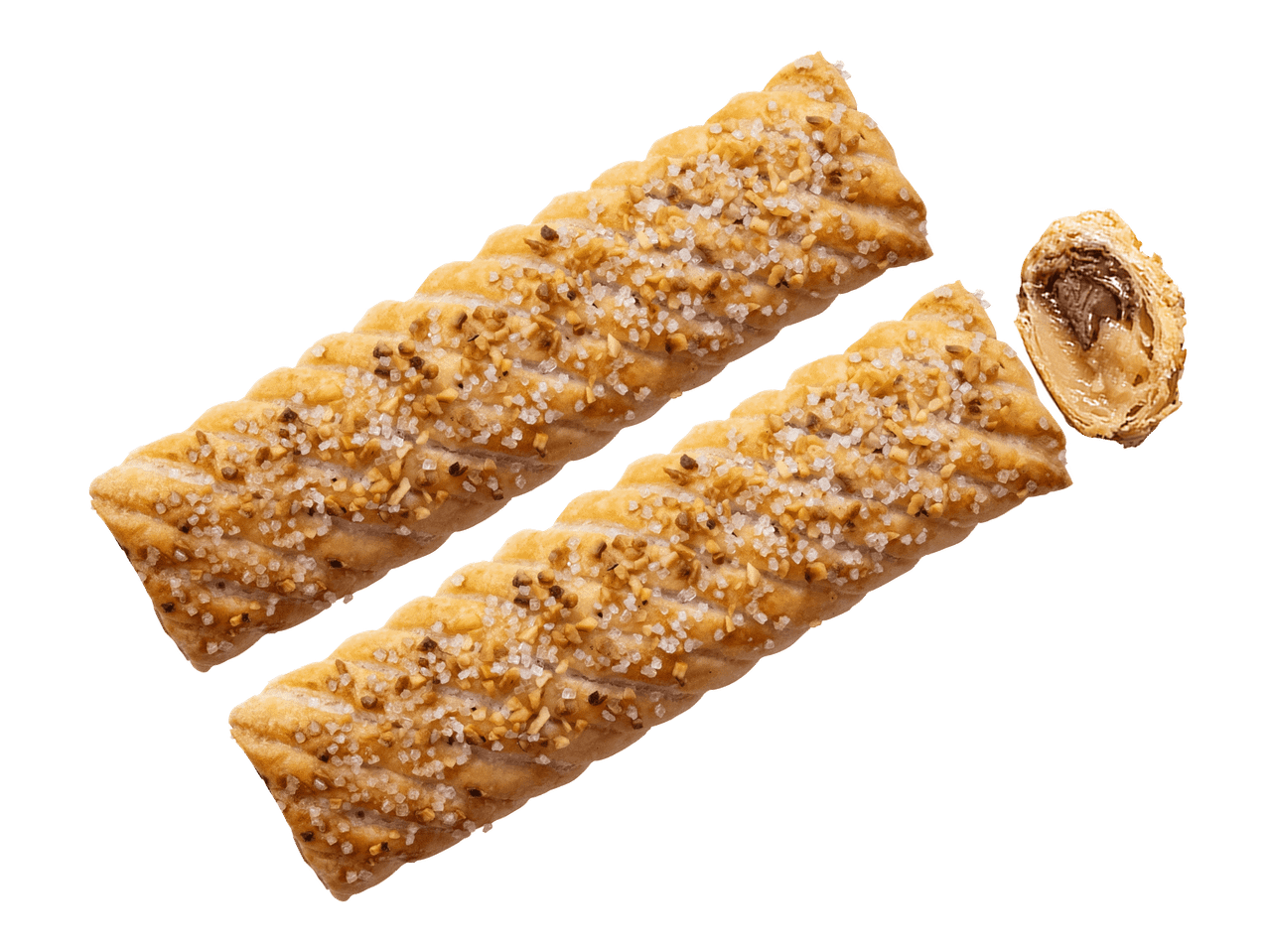 Kaksi sokerilla ja pähkinöillä päällystettyä leivonnaista ja yksi puolikas leivonnainen.