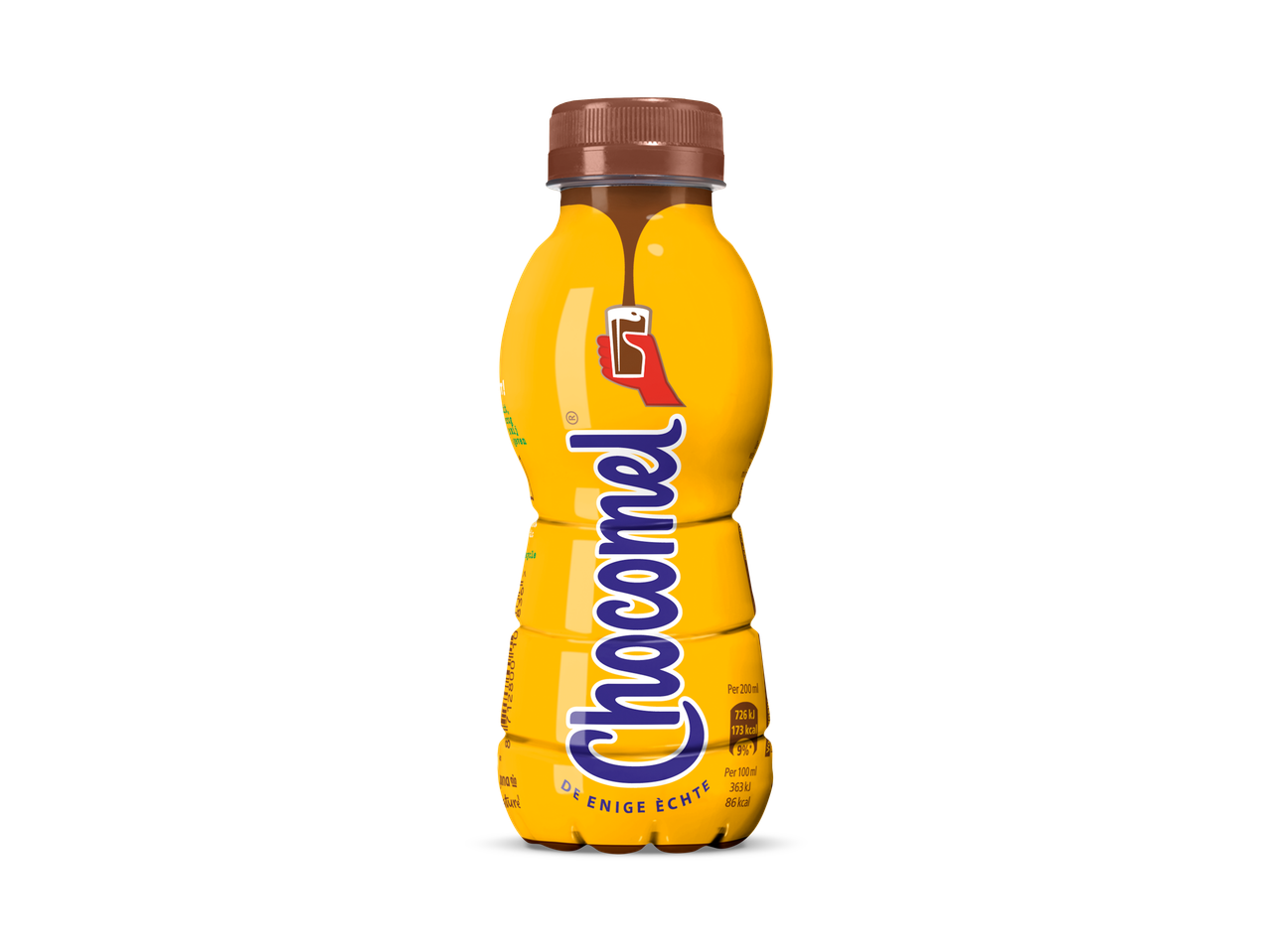 Een flesje Chocomel chocolademelk met de tekst De Enige Echte.