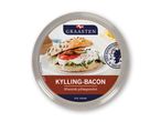 Rund beholder med kylling-bacon pålægssalat, 250 gram, med billede af en sandwich.