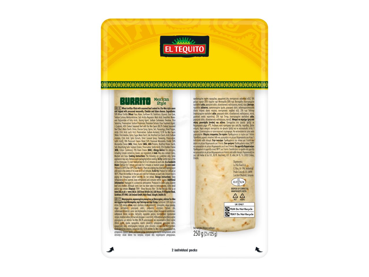 Mexican-style beef burritos with cheese, cooking instructions, and recycling information.