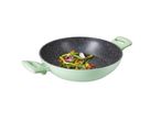 Light green Serving Pan with black speckled interior, filled with colorful vegetables.