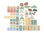 Wooden building blocks and animal figures in pastel colors, including a hedgehog, lion, crocodile, bear, fox, and monkey.