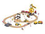 A wooden train set with construction vehicles, workers, and a crane.