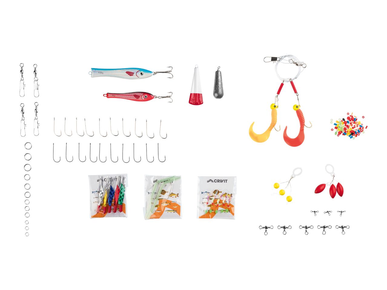 A collection of fishing gear including lures, hooks, weights, swivels, and various accessories.