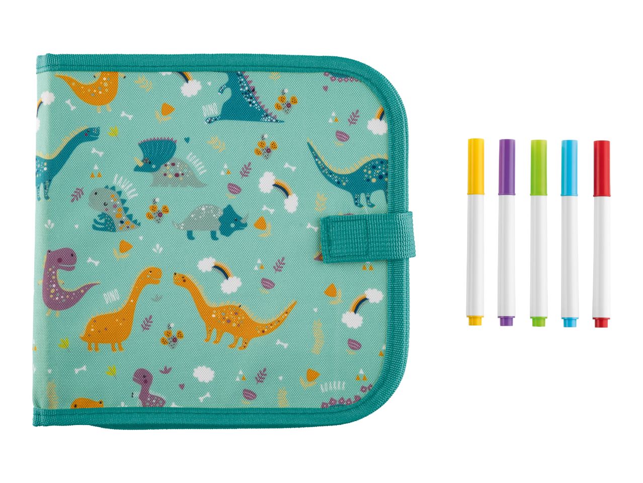 Dinosaur-themed drawing book with five colorful markers.