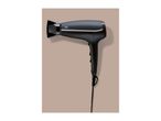 A black hairdryer with a gold accent stripe and a concentrator nozzle, on a light brown background.