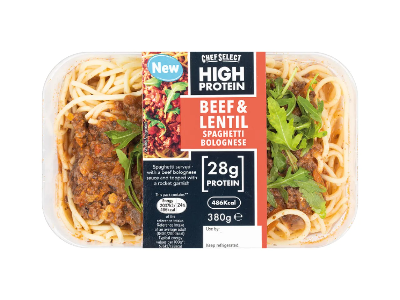 Chef Select: Beef & Lentil Spaghetti Bolognese, high protein.