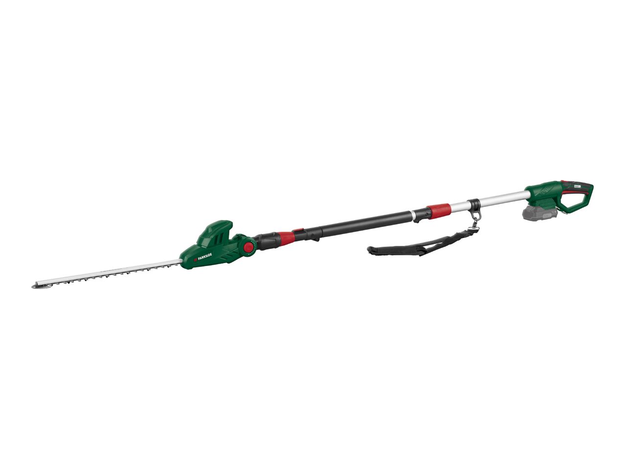 Cordless long-reach hedge trimmer with an adjustable head and shoulder strap.