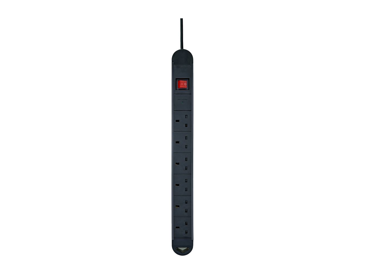 Black vertical power strip with six outlets and a red on/off switch.