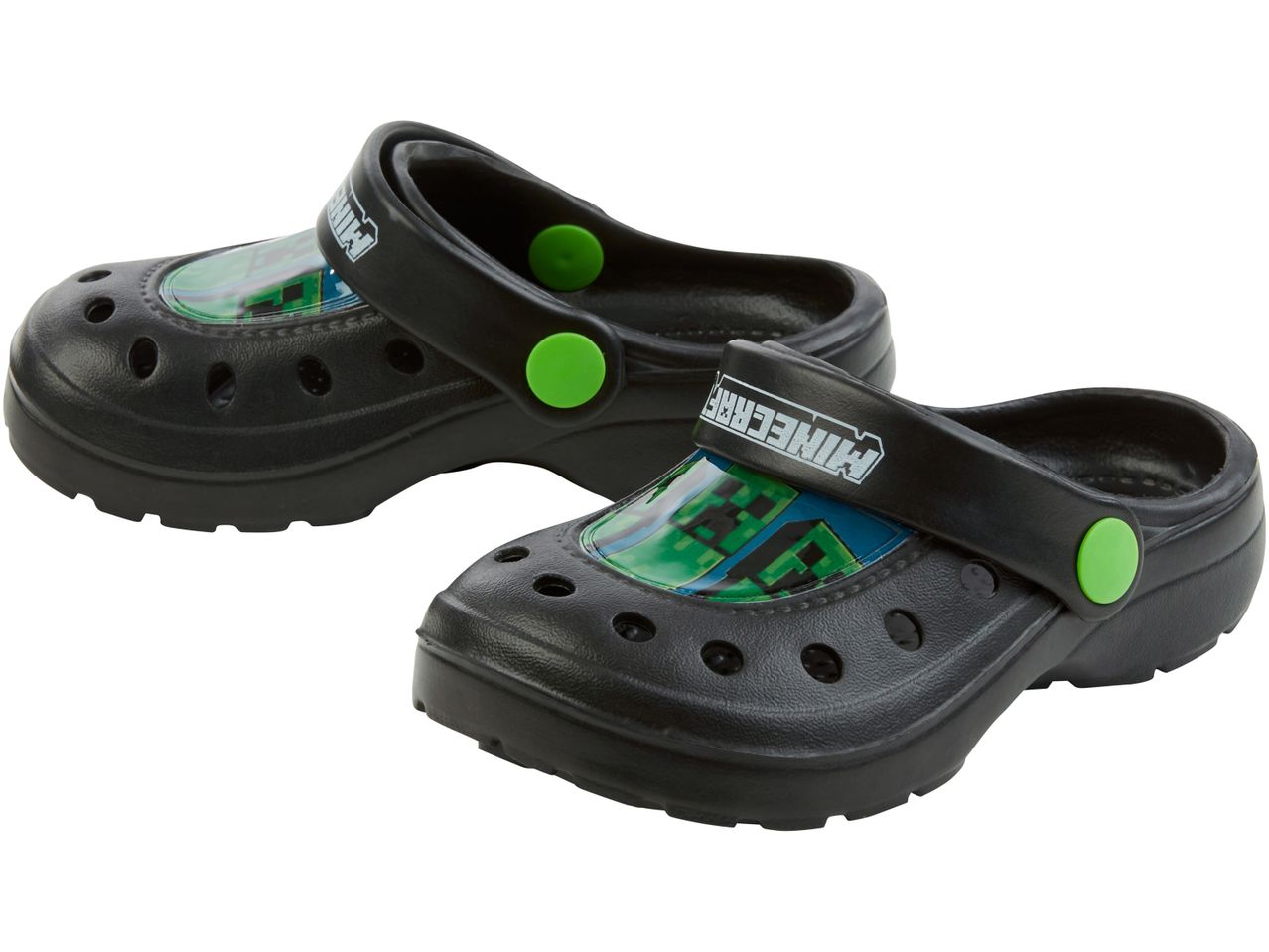 Pair of Minecraft black children's Crocs-style clogs with green accents.