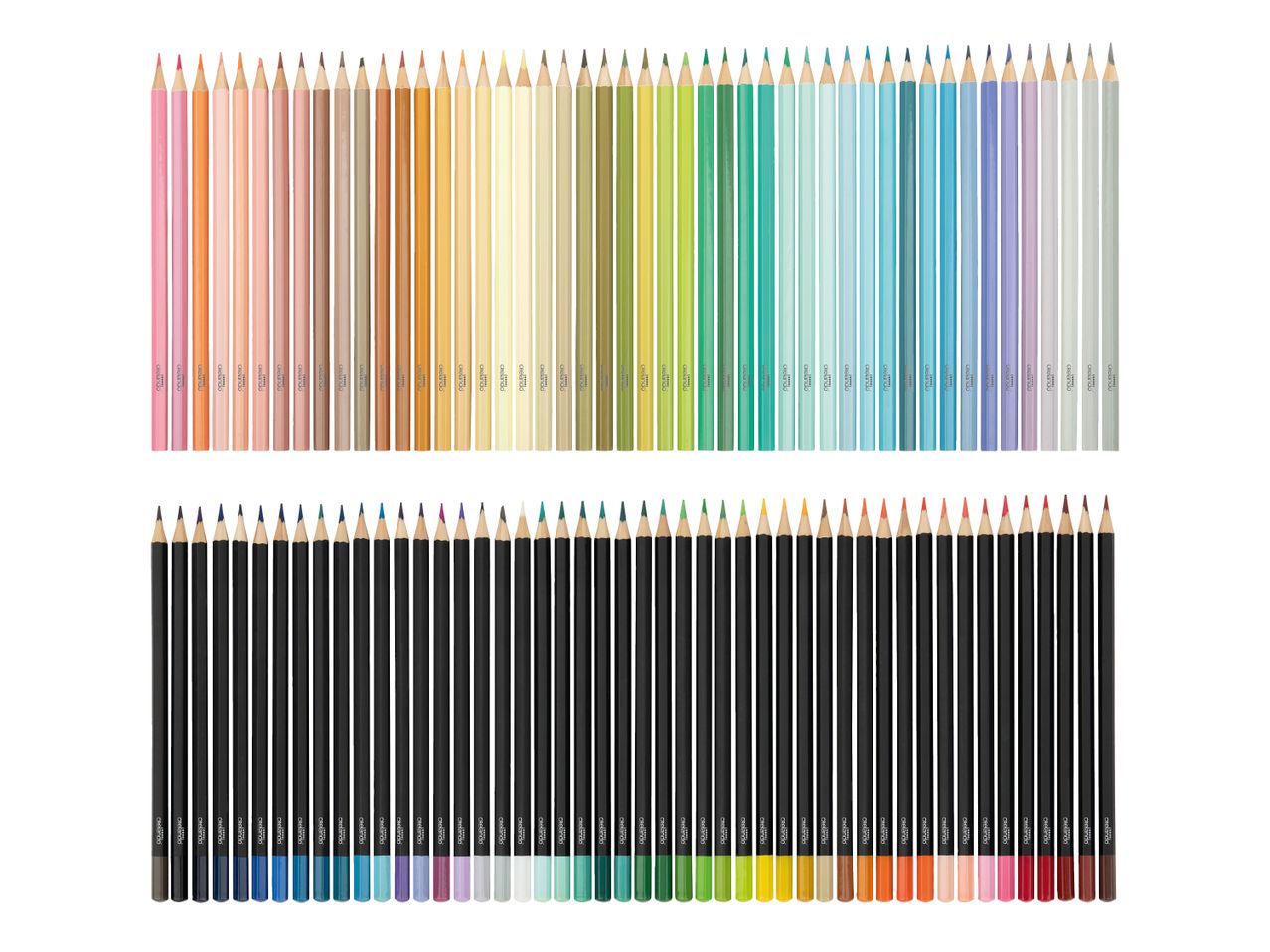 Zwei Reihen Buntstifte in verschiedenen Farben, obere Reihe helle Farben, untere Reihe dunkle Farben.