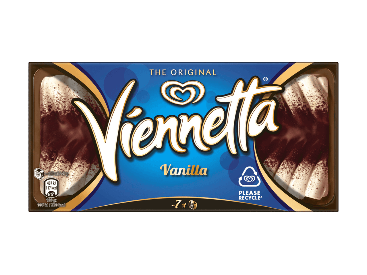 Viennetta Vanilleeisriegel, 7 Stück, mit Nährwertangaben und Recycling-Symbol.