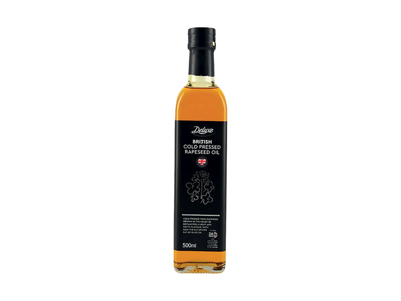 Bottle of British cold pressed rapeseed oil, 500ml, with a black label and white text.