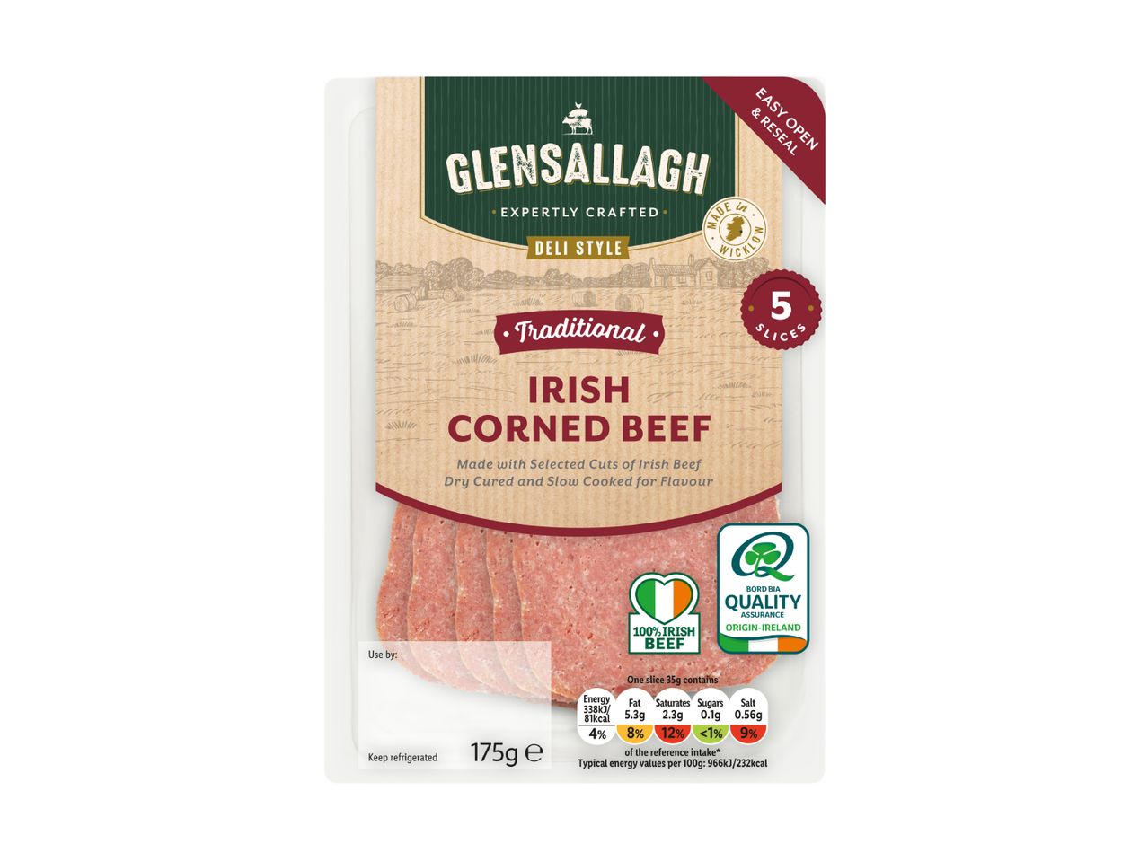 A package of Glensallagh Traditional Irish Corned Beef slices.