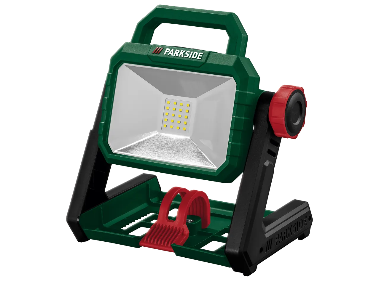 Преносим LED прожектор със зелен корпус, червени акценти и черна стойка.